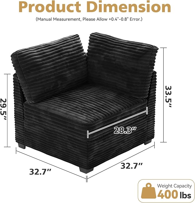 Modular Sectional Couch Mix and Match Pieces for Living Room Comfy Cloud Couches with Movable Ottoman DIY Combination Plush Corduroy Black