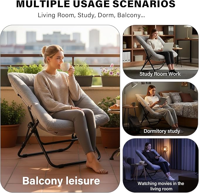 Tiita Comfy Saucer Chair Soft Faux Fur Oversized Folding Accent Chair Lazy Chair for Teens Adults Metal Frame Moon Chair for Bedroom Living Room Dorm Rooms X-Large Grey