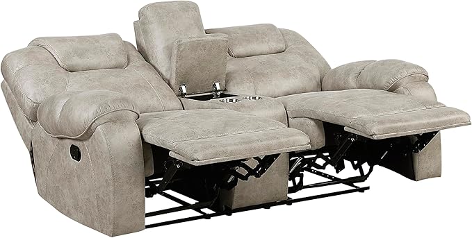 Lexicon Manual Double Reclining Loveseat Polished Microfiber Manual Wall Hugger Loveseat Recliner for Living Room Center Storage Console/Cup Holders/Pillow Top Arm Easy Assembly Pewter