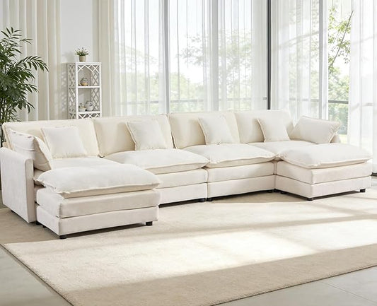Oversized Modular Sectional Sofa Large U Shaped Couch with Deep Seat Chenille Cloud Couches for Living Room Convertible 6 Seater Sectional Sofa for Spacious Space Beige White