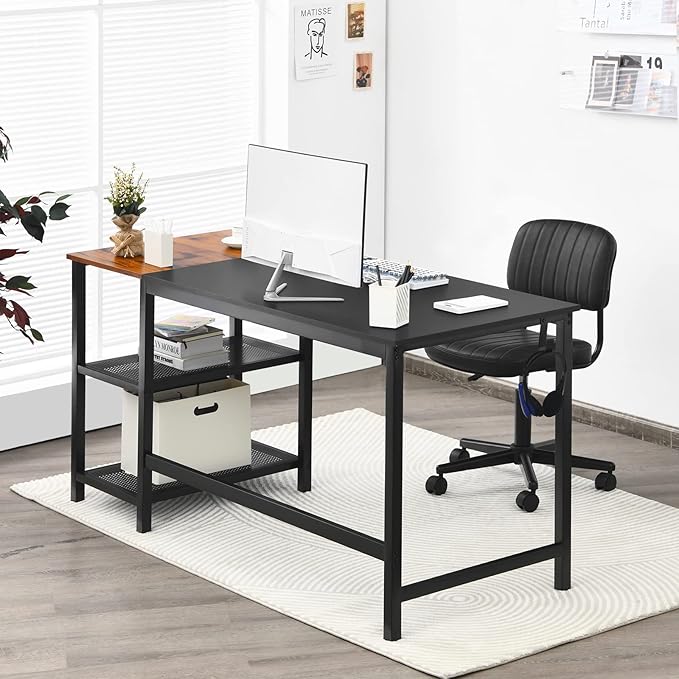 COSTWAY 59” Computer Desk with 2 Removable Storage Shelves Industrial Writing Workstation with Headphone Hook for Home Office Gaming Desk (Black)