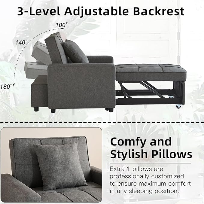 3-in-1 Convertible Sleeper Chair Pull Out Chair with Extra Pillow Lazy Chair Bed Sleeper for Adults Recliner Sofa Bed with 3 Adjustable Angles for Small Spaces Home Office Deep Gray