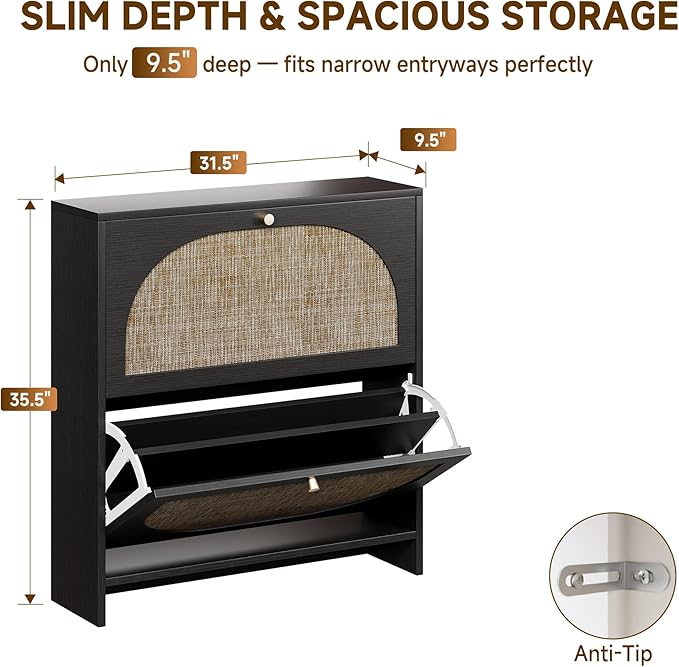 Nicetree Rattan Arched Accent Shoe Cabinet - Freestanding Ultra Slim for Entryway 2 Flip Drawers &amp 3-Tier Adjustable Shelves Farmhouse Modern Rustic Shoe Rack for Hallway Foyer Black