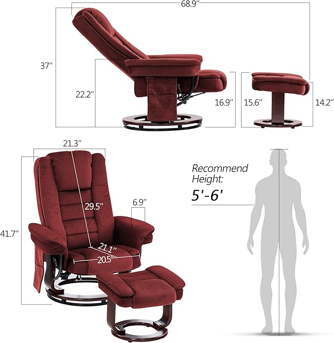 MCombo Swivel Recliner with Ottoman Chair TV Chair Sets with Vibration Massage for Small Space Living Room Bedroom 9096 9099 (Textile Burgundy)