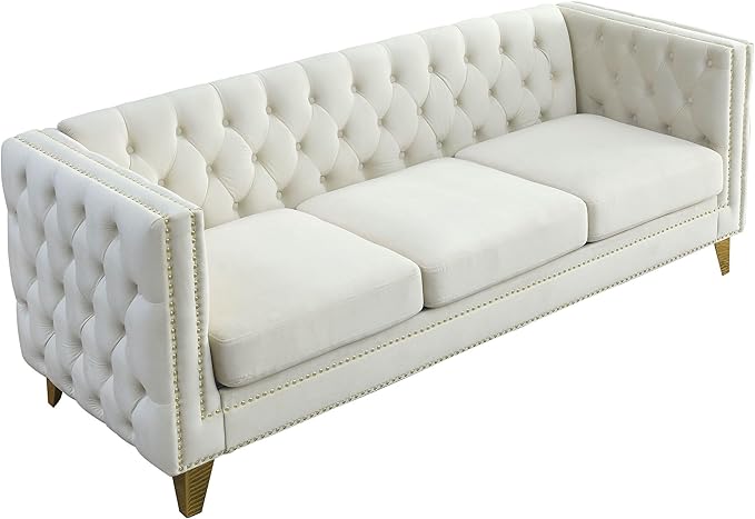 KEIKI Tufted Velvet 3+2 Seat Sofa Couch for Living Room Buttons Tufted Square Arm Couch for Home Apartment Beige