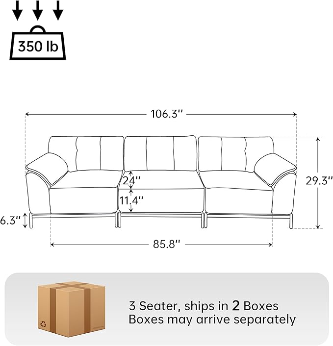 VKNOW 106 Couches for Living Room Modular Sectional Sofa with Wide Armrests and Solid Iron Frame Compressed Couch for Living RoomOfficeChenille FabricBeige