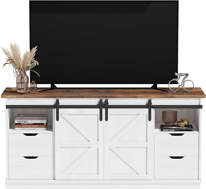JUMMICO TV Stand with 4 Drawers for 65 Inch TV Farmhouse Entertainment Center with Storage and Sliding Barn Doors Rustic Media TV Console Cabinet with Shelves for Living Room Bedroom (Bright White)