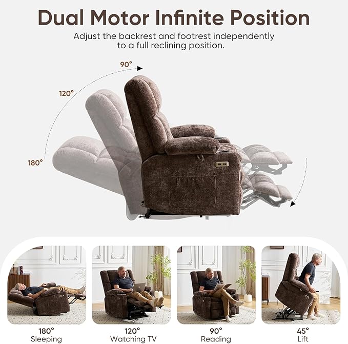Oversized Power Recliner Chair for Elderly with Massage and Heat Dual Motor Lay Flat Recliner with Arm StorageLift Chair for Big Tall Infinite PositionExtended Footrest Lving Room Coffee
