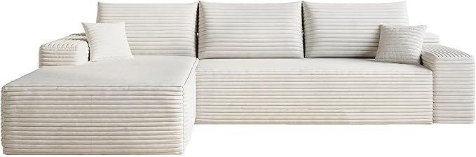 Oversized Corduroy Sectional Boneless Couch 108 W L Shaped Modular Sectional Sofa with Chaise/Ottoman No Assembly Required Compress Couches for Living Room (White 3 Seater+Left Chaise)