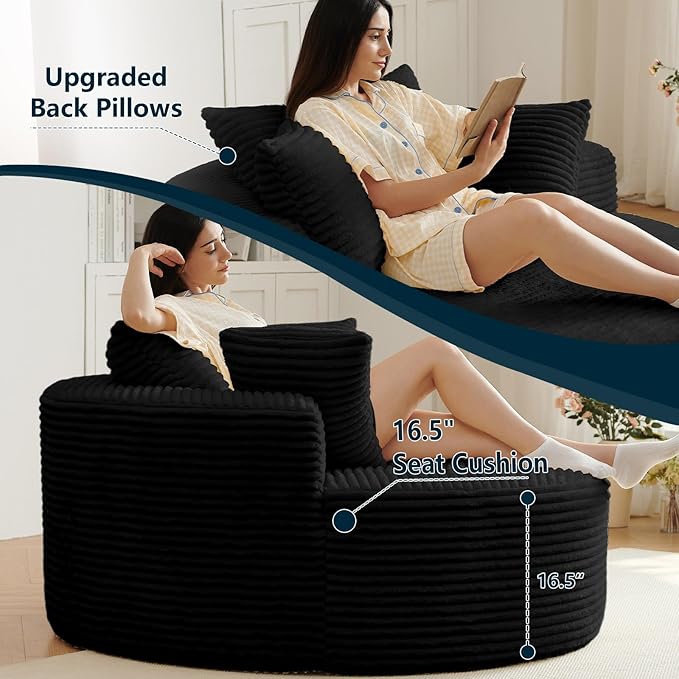 55''L Oversized Round Chaise Longue Chair Indoor Corduroy Sponge Single Sofa Oversized Round Chairs Modern Sleeper Chair for Living RoomProjection Room Wide Armrest Chairs Black