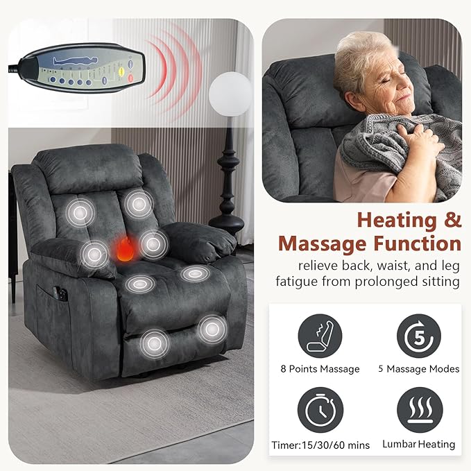 cinkehome Power Lift Recliner Chair for Elderly with Heated Massage Electric Lift Chairs Overstuffed Reclining Chair with Remote Control and Side Pockets for Living Room Bedroom (Velvet Gray)