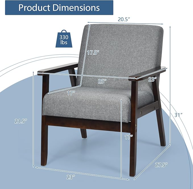 POWERSTONE Mid Century Accent Chair Modern Living Room Armchair Linen Upholstered Reading Lounge Chair Leisure Side Chair with Wood Leg for Bedroom Dark Grey