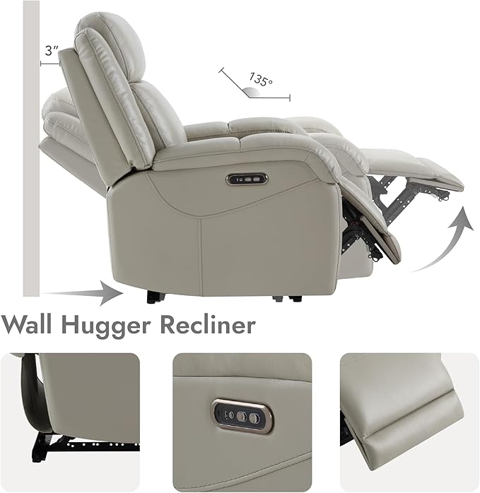 Watson &amp Whitely Genuine Leather Power Recliner Chairs for Adults Wall Hugger RV Recliner with Power Headrest &amp Charging Ports Electric Recliner Sofa Chair for Living Room Grey