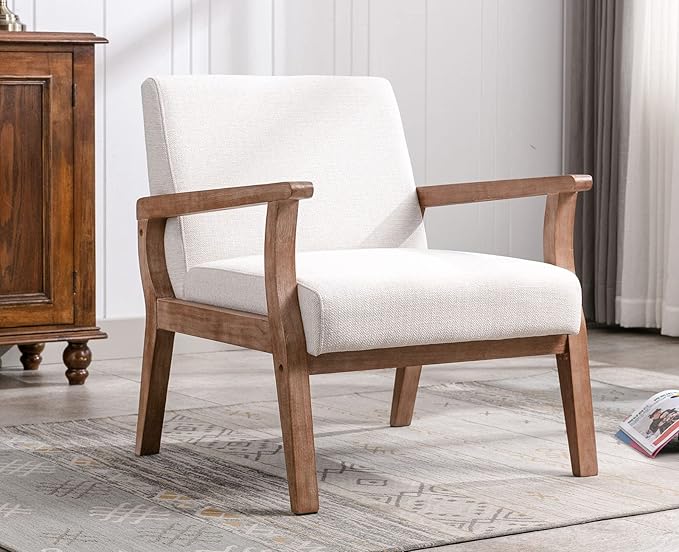VESCASA 23.2 W Accent Chairs Set of 2 with Arms Farmhouse Side Chairs with Upholstered Seat Mid Century Modern Reading Chairs with White Wash Wood Legs for Living Room/Bedroom White Linen
