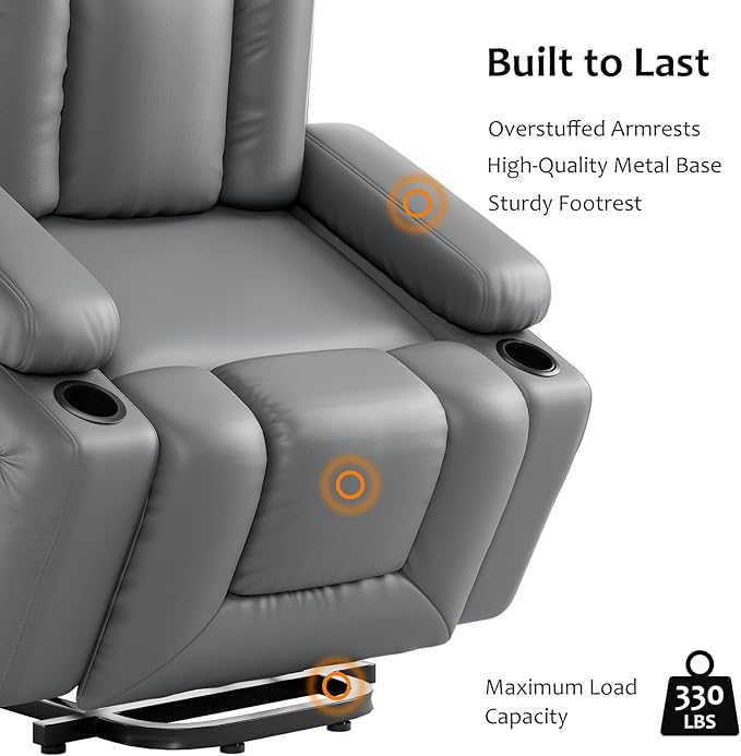PU Leather Power Lift Recliner Chair Faux Leather Recliner Chair Sofa with Massage and Heat Remote Control Electric Stand Assist for Elderly and People Limited MobilityGrey