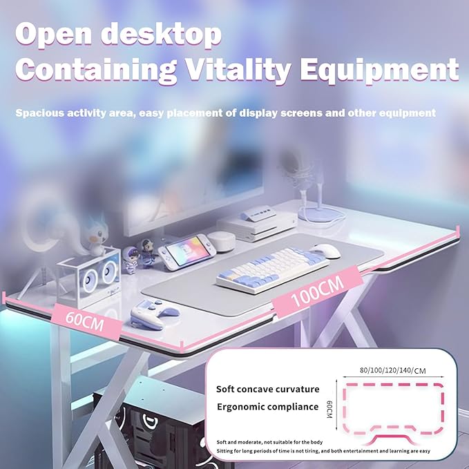 Large Gaming Desk K-Shaped PC Gaming Table for Home Office Ergonomic Computer Desk Space-Saving Easy Assembly (White 55 Inch)