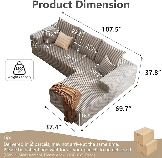 107 Cloud Sectional Couch with L-Shape Chaise Modern Modular Sofa with Deep Seat Corduroy Upholstered Couches for Living Room BedroomNo Assembly Required(Camel Right Facing)