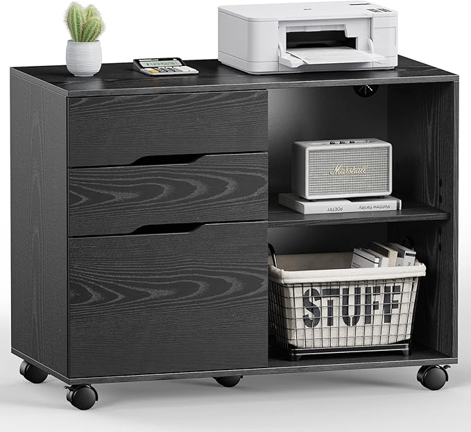 File Cabinet with 3 Drawers Mobile Lateral Filing Cabinet with Open Storage Shelves for Home Office Under Desk Storage Black