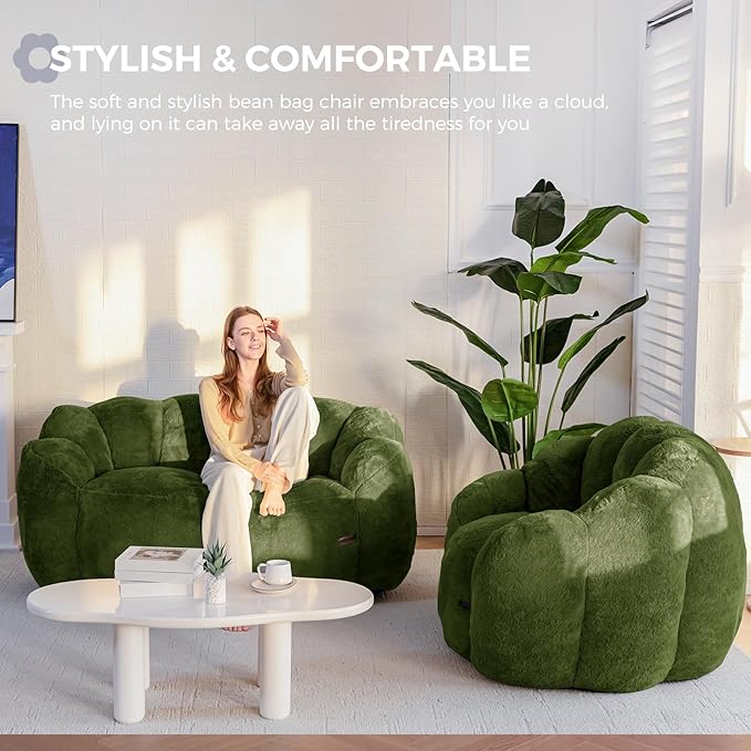 MAXYOYO Bean Bag Chair for Adults Loveseat Floral Shaped Bean Bag Sofa Ultra Soft Love Seat Mini Sofa Couch Faux Fur Reading Chair for Living Room Bedroom Green
