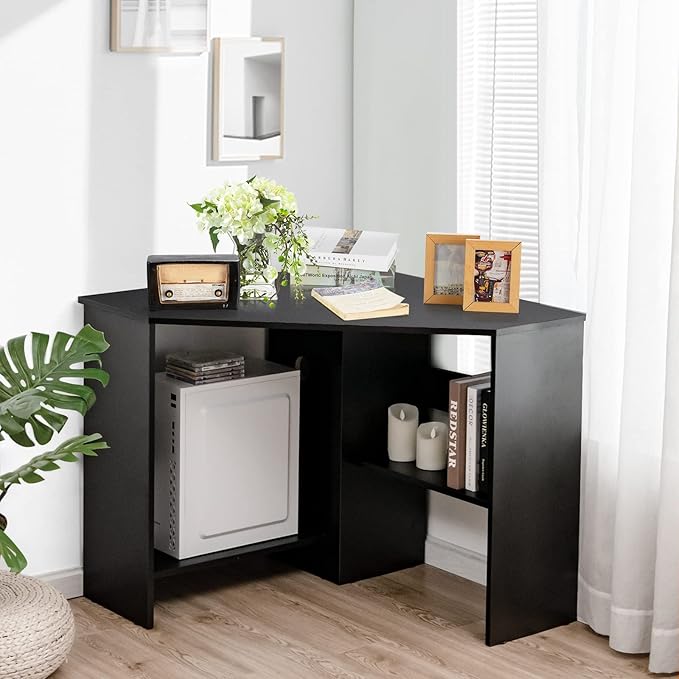 COSTWAY Corner Computer Desk Space-Saving Triangular Writing Desk w/ 2 Storage Shelves &amp 2 Cable Holes Multi-Functional Console Table for Small Space in Home Office Living Room Bedroom (Black)