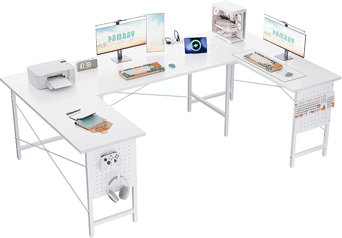 Pamray 71 Inch Large Computer Desk with Power OutletsU Shaped Corner Desk for Home Office Work and Gaming White