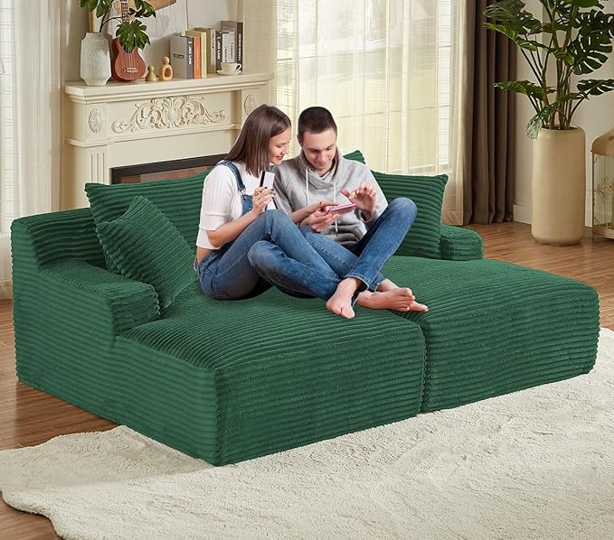 Oversized Double Chaise Lounge Chair IndoorWide Corduroy Boneless Chaise Lounges Sofa Comfy Upholstered Sectional Cloud Couch No Assembly Required Loveseat Sleeper Chair Bed for Living Room(Green)