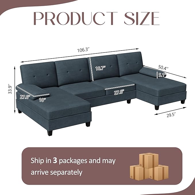 Shintenchi 106'' U-Shaped Sectional Couches for Living Room 4 Seat Modular Sectional Sofa with Double Chaise Couch for ApartmentBlack/Blue