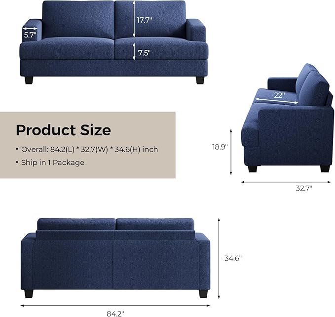 84 Inch Sofa with Extra Deep Seats Oversize Linen Fabric 2 Seater Sofa for Living RoomModern Couch and Loveseat Comfy Armrests and Seats and Backrests Easy Installation Blue