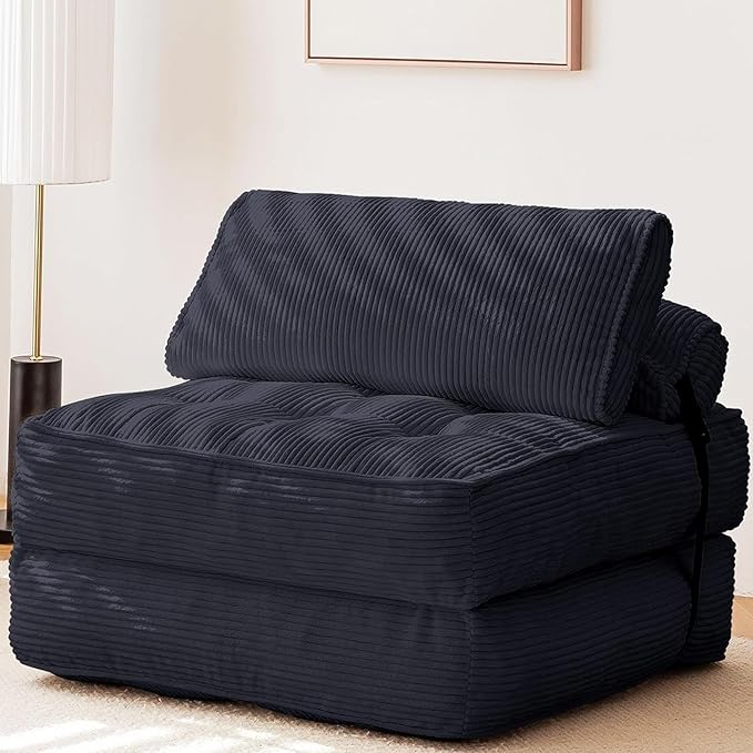 GYUTEI Folding Sofa Bed Convertible Sleeping Chair with Backrest Support and Soft Corduroy FabricFold Couch Bed with Pillow for Small Spaces/Living Room/Bedroom/Apartment Single SizeBlack