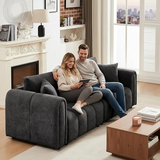 91.5 W Cloud Boucle Sofa for Living Room Modern Comfy Boucle Couch with Rolled Arms and Soft Pillows Teddy Oversized Loveseat for Apartment Studio Bedroom Dark Grey