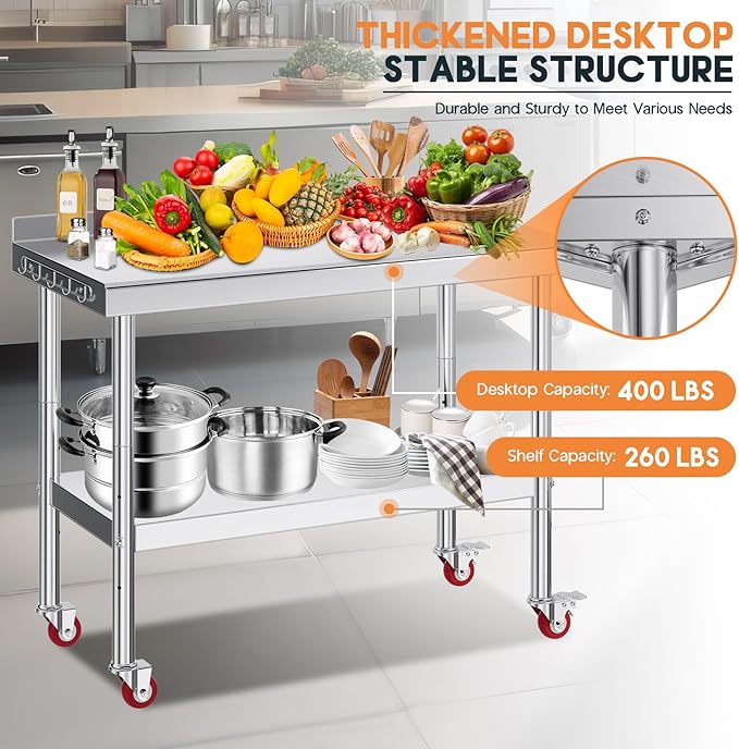Jocisland 24 x 48 Stainless Steel Table for Prep &amp Work NSF Certified with Backsplash and Wheels Adjustable Under Shelf &amp Safe Design for Restaurant Home and Outdoor