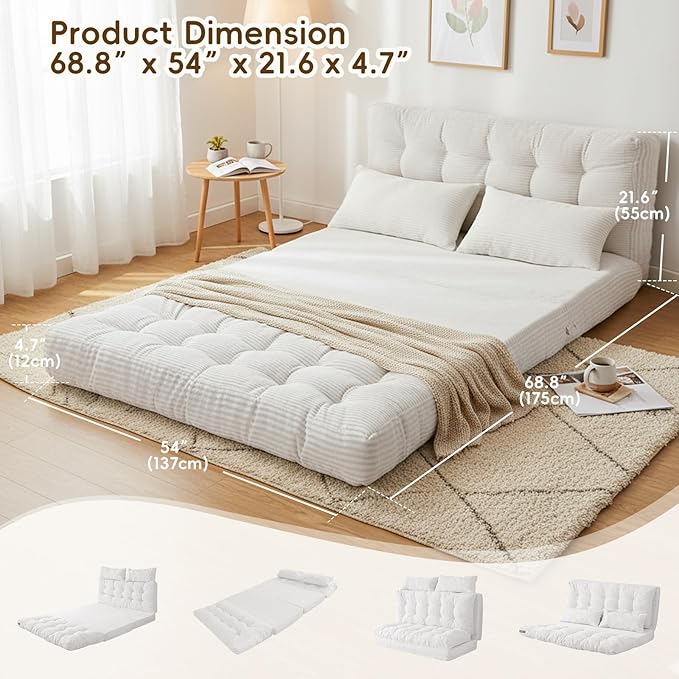 Convertible Sofa Bed 54x91 Inch Thick Tufted Folding Sofa Bed with 2 Pillows Folding Floor Loveseat Sleeper Couch Mattress for Small Spaces Living Room Bedroom and Adults White