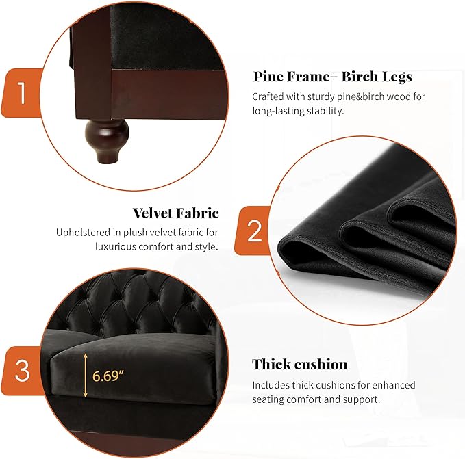 Merax Velvet Chesterfield Sofa Retro Style Upholstered 3 Seater Leather Couch Rolled Arm for Living Room Bedroom Office Black