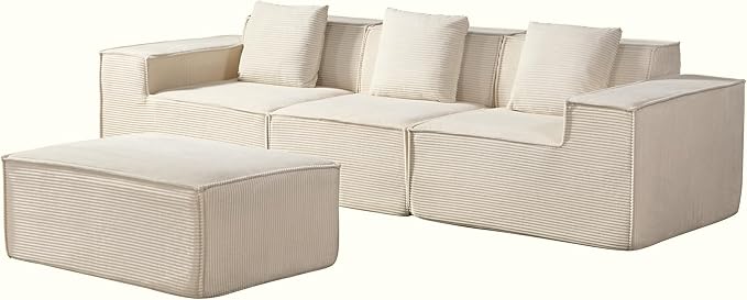 Rowan Convertible Corduroy Sectional Couch with Ottoman &amp Pillows Modular L Shaped Sleeper Sofa Boneless Cloud Couch for Living Room Furniture Beige