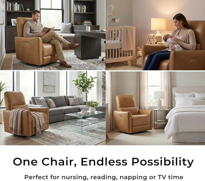 CHITA Power Recliner Chair Swivel Glider FSC Certified Upholstered Faux Leather Living Room Nursery Reclining Sofa Chair with Lumbar Support Cognac Brown
