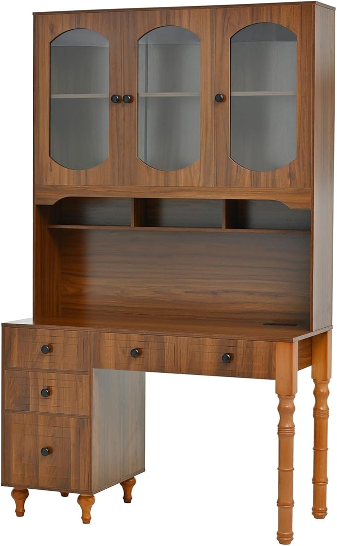 Anwick 47-inch Retro Executive Desk with Charging Ports Hutch Cabinet 5 Storage Drawers &amp Transparent Glass-Door Bookshelf for Home Office Bedroom - Walnut Finish
