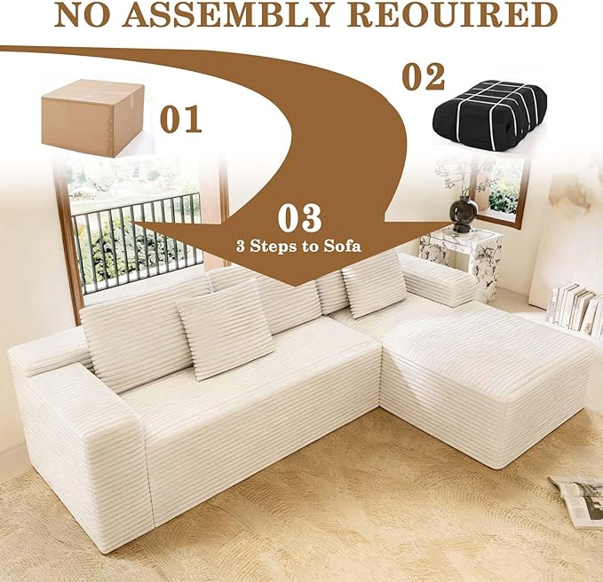 104 White Boneless Couch with Chaise Sectional Couches for Living Room L Shaped Couch 4 Seat SofaCompression Sofa for Bedroom Comfy No Assembly Corduroy(White Right)