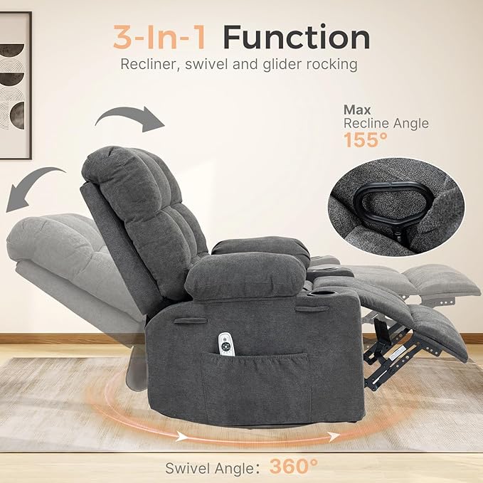 Massage Rocker Recliner Chair with Heat Oversized 360° Swivel Glider Manual Comfy Overstuffed Single Sofa with Cup Holders Side Pocket for Bedroom Living Room (Dark Gray)