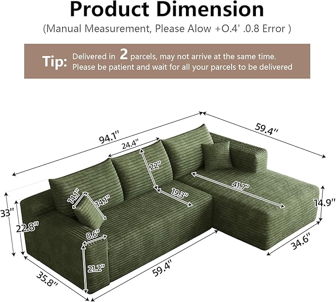 95 Cloud Sectional Couch with L-Shape Chaise Modular Comfy Sofa Chaise Longue Upholstered Corduroy Couches Sleeper with Deep Seat for Living Room Bedroom No Assembly Required(Green Right Facing)