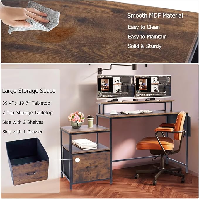 FurnitureR Computer Desk with LED Lights Monitor Stand USB Charging Port Storage Drawer Side Shelf &amp Cloth Bag 39.4-Inch Home Office Desk Workstation Rustic Brown