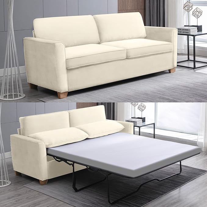 ZAFLY 70 Pull Out Sofa Bed Convertible Sleeper Sofa with Memory Foam Mattress Velvet Modern Couch Bed for Home Apartment Easy Assembly - Beige
