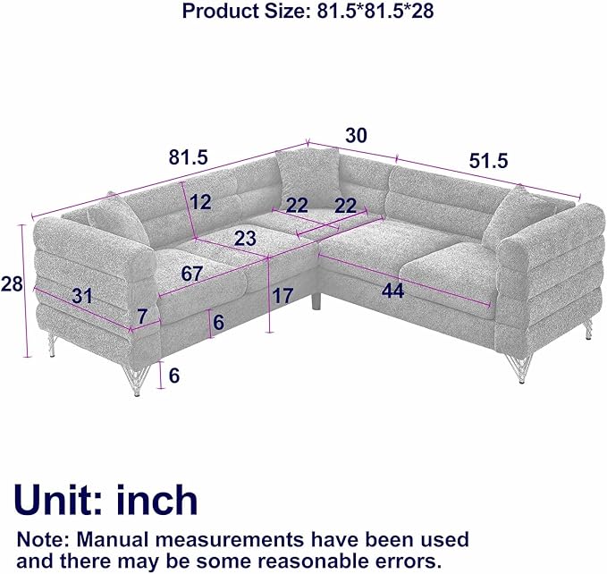 Antetek L-Shaped Sectional Couches Modern Teddy Fabric Upholstered Chaise Lounge Sofa Couch with Square Arm and 4 Golden Metal Legs for Living Room Office Ivory