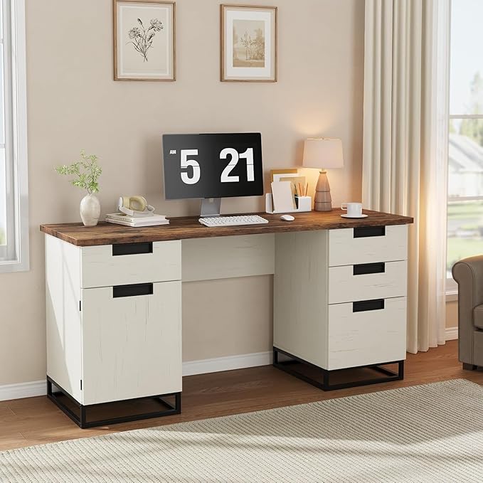 IDEALHOUSE Farmhouse Executive Desk 59 Computer Desk White Home Office Desks with File Drawer and Storage Cabinet Wood Writing Desks for Home Office Bedroom White+Vintage