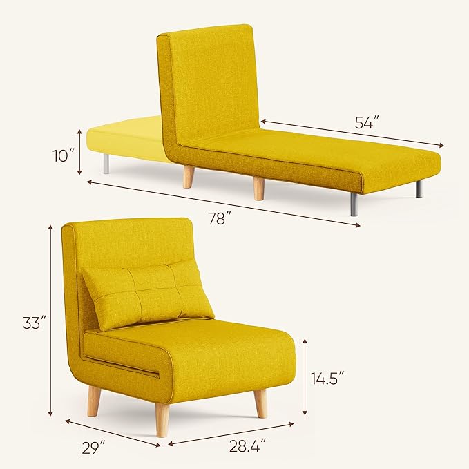 Ahomly 3 in 1 Sleeper Chair Bed Chair Bed Sleeper for Adults with 6 Angle Adjustable Backrest Convertible Single Futon for Living Room/Apartment/Office Yellow