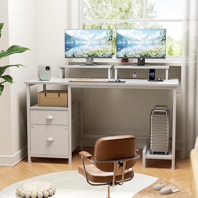 Furologee 47 Inch Computer Desk with Power Outlet Home Office Desk with Monitor Stand File Drawers Cabinet CPU Stand &amp Hooks Writing Table for Bedroom Study Work White