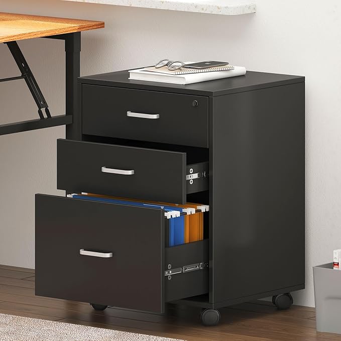 Need 3 Drawer Wood Mobile File Cabinet with LockRolling Filing Cabinet for Letter/A4 Size for Home Office Black