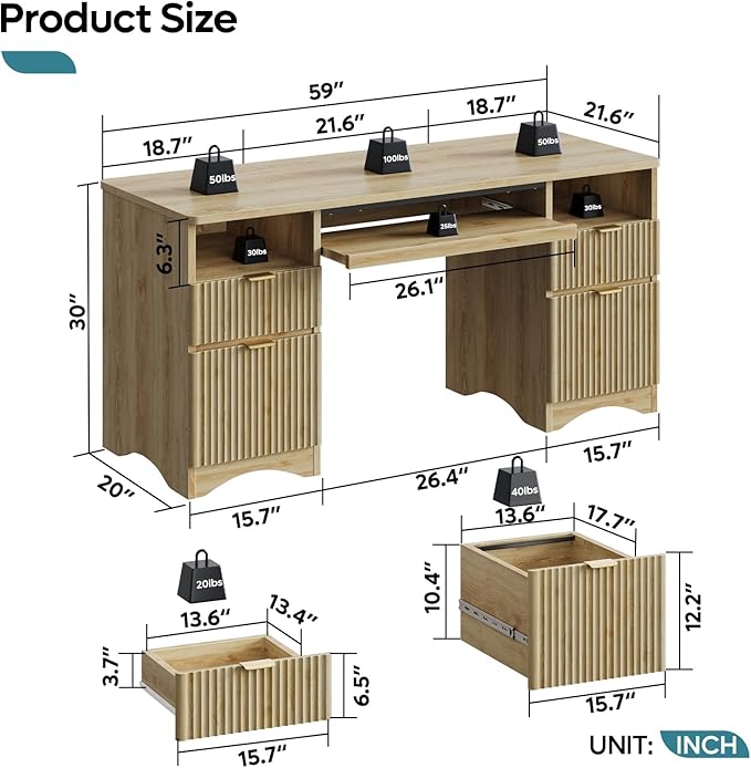 Bestier Computer Desk with Keyboard Tray 59 inch Office Desk with 4 Drawers Modern Home Office Desk with File Drawer (Natual Oak 59 W with Double-Sided Drawers)