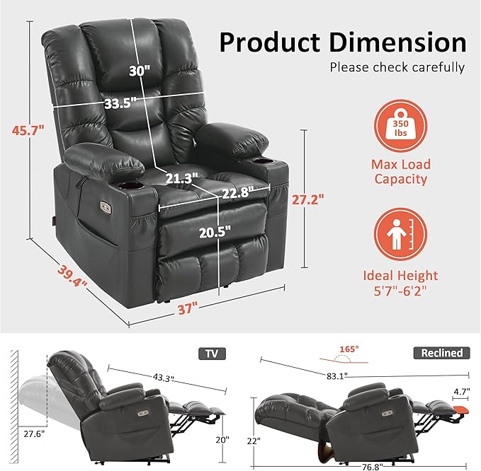 MCombo Large Triple Motor Power Lift Recliner Chair with Massage and Dual Heating Adjustable Headrest for Tall Elderly People Faux Leather 7634 (Dark Grey Large)