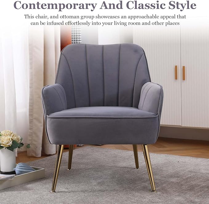 Accent Chair with Arms Arm Chair with Gold LegsVelvet Upholstered Reading Chair with Back for Living Room Bedroom (Grey 2)