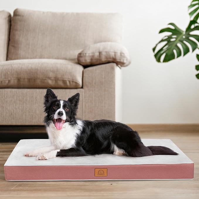 Orthopedic Dog Bed for Extra Large Dogs Jumbo Waterproof Deluxe Plush Dog Crate Bed with Removable Washable Cover &amp Anti-Slip Bottom Egg Crate Foam Pet Bed Mat 47.5 x 29 Inches Pink